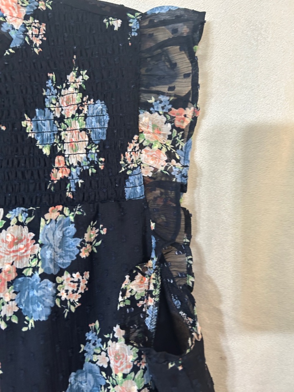 LOFT Navy Floral Button-Front Ruffle Sleeve Top - Picture 7 of 10
